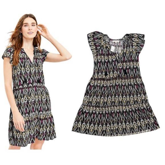 Loft Ikat Tie Neck Tiered Swing Mini Dress Size XS NWT - Picture 1 of 10